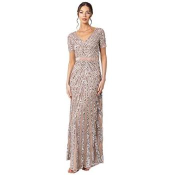 Short Sleeve Taupe Stripe Maxi with Embellishments – Maya Deluxe, Size 26