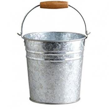 Secchiello Zincato in Metallo Argento con Manico in Legno H.29 cm Diam. Ø27 x 27 cm EV