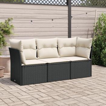 3-Piece Patio Sofa Set with Cushions in Black Poly Rattan