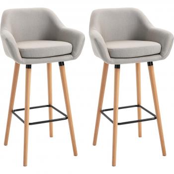 Homcom Set of 2 Modern Bar Stools, Upholstered Seat, Metal Frame, Solid Wood Legs, Beige