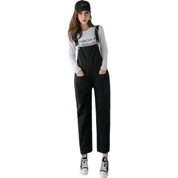 Pregnant Women's Cotton Jumpsuit with Ripped Design