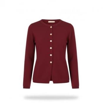 Burgundy Knit Peplum Cardigan, Button‑Down, Fitted – M