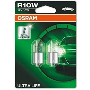OSRAM ULTRA LIFE R10W, Lámpara halógena, luz trasera, luz de matrícula, de estacionamiento y de posición, 5008ULT-02B, automóvil de 12 V, ampolla doble