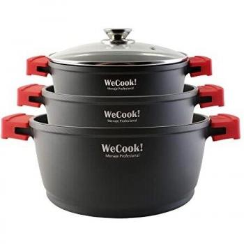 WeCook Ecostone Batería de Cocina Inducción 6 Piezas Aluminio Fundido 3 Ollas 16/20/24cm + Tapas de Vidrio
