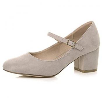 AJVANI Faux Suede Grey Mid‑Block Heel Mary Jane Court Shoes – Size 5