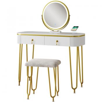 Coiffeuse Grace 100 cm, Vicco, Blanc, miroir LED, tabouret et recharge QI