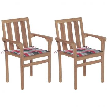 Conjunto de Cadeiras de Jardim em Teca com Almofadas Xadrez Vermelho