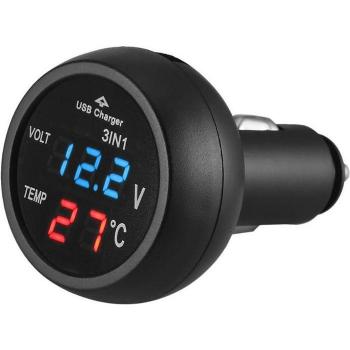 Voltmètre Auto 3 en 1 12/24V avec Thermomètre et Port USB de Charge