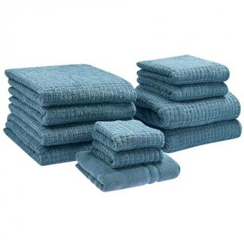 Tappetino da bagno + set 11 asciugamani Blu Beliani