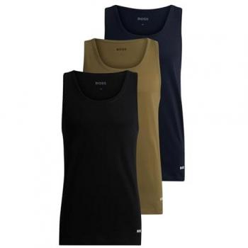 Hugo Boss Men’s 3-Piece Classic-Fit Cotton Tank Tops with Logo – Black/Khaki/Navy – Size 40/Regular