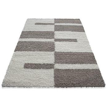 Designer Hochflor Teppich Karo-Linienmuster Flauschig 100 x 200 cm Beige