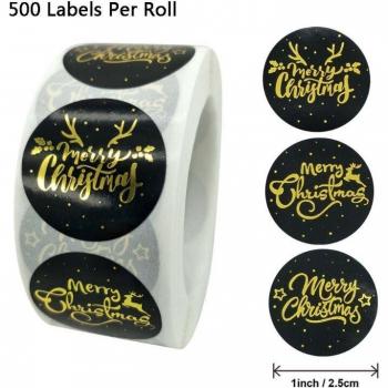 Merry Christmas Round Gold Foil Stickers
