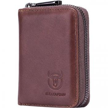 BULLCAPTAIN Leather Card Holder Wallet with Zipper for Men