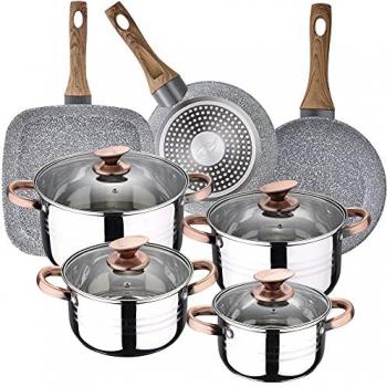 Batería de cocina 8 piezas SAN IGNACIO Premium Nona de acero inoxidable y grill 28x28 cm