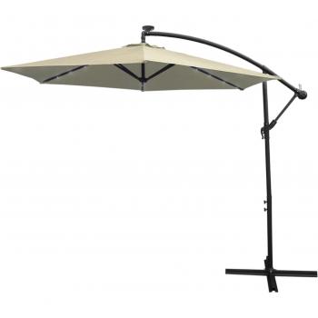 Parasol Crème 3m Déporté, 24 LED Solaire, Manivelle, Sans Base