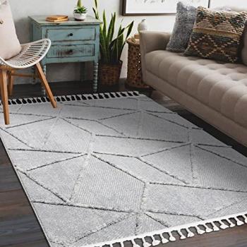 Tappeto Shaggy Grigio/Bianco Frange Berbero 140x190 cm