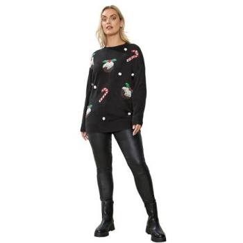 Women's Candy Cane Glitter Christmas Jumper in Black, Size 22-24