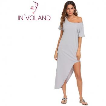 Vestido de mujer de verano, manga corta, color sólido, diseño de cuello irregular y corte lateral