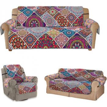 Pet-Friendly Bohemian Sofa Cover with Colorful Squares