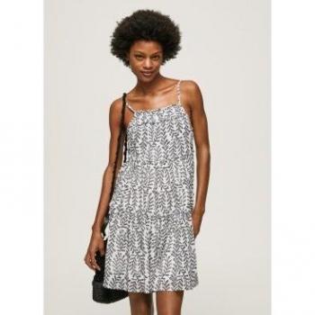 Pepe Jeans Damenkleid Prixton Ornamental, Sommerkleid in Weiß und Schwarz, M