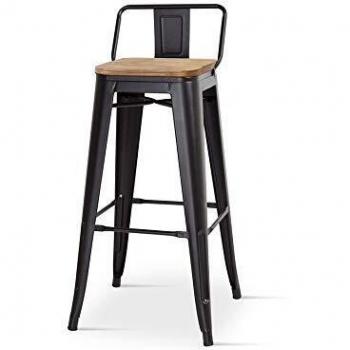 Taburete de bar de estilo industrial KOSMI con respaldo negro y asiento de madera natural