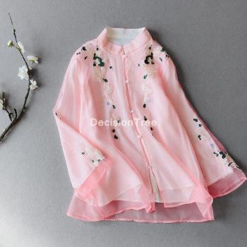 Blusa Qipao Bordada Tradicional China de Gasa Holgada para Mujer