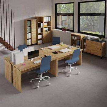 Pack Muebles Oficina 4 Escritorios + 2 Estanterías + Aparador + Librerías Color Roble Gold