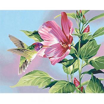 Peinture ornée d’oiseaux roses, broderie point de croix, strass et mosaïque en forme de diamant
