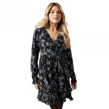 Dorothy Perkins Floral Ruffle Wrap Long Sleeve Mini Dress, 10, Black