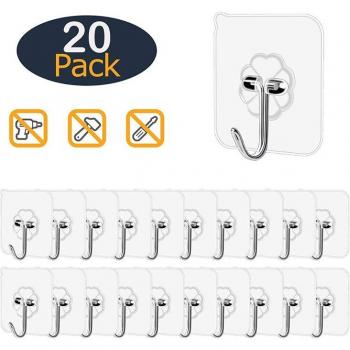 20Pcs Clear Self-Adhesive Hooks Waterproof Reusable Seamless for Kitchen Bathroom Office