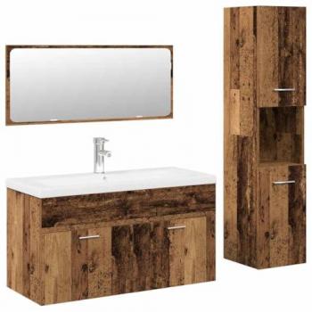 4 Piece Modern Old Wood Engineered Bathroom Furniture Set with White Ceramic Sink and Faucet