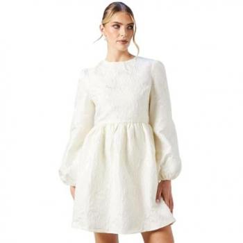 Oasis Women's Ivory Jacquard Mini Dress with Blouson Sleeves