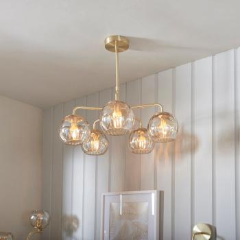 Lampe suspendue Dimple 3 ampoules, acier et verre, plaque en laiton satiné, verre lustré champagne