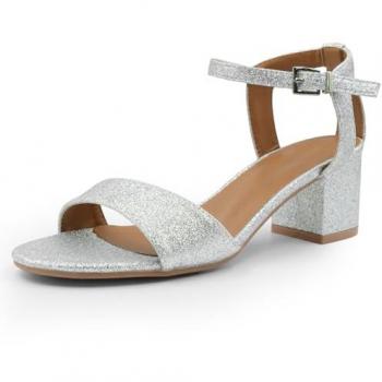 Adrianna Women's Silver Strappy Mid High Block Heels with Comfort Support