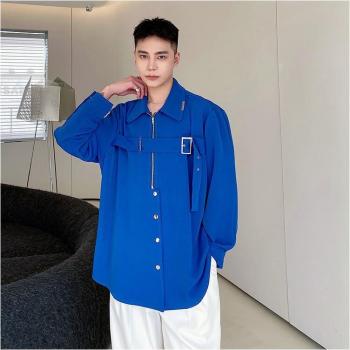Haut à manches longues pour homme, chemise chic bleue avec fermeture éclair, tendance coréenne, grande taille 2022
