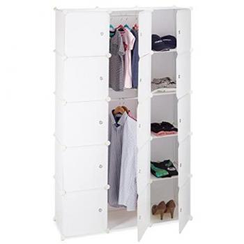 Étagère de rangement penderie 11 casiers 2 tringles modulable en plastique, Blanc