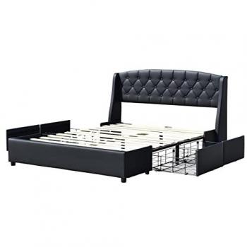Lit Iris 140x200 avec Sommier, 4 tiroirs et Tête de lit en Bois Noir