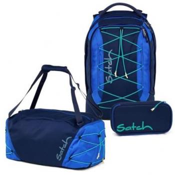 Schulrucksack‑Set „Crossed Blue“ – 3‑teilige, höhenverstellbare Ergonomie (2025)