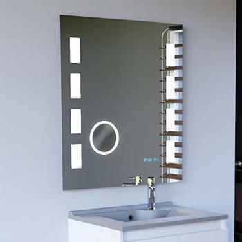 Mirroir 70x80 cm Excellence – Éclairage LED, Interrupteur Saisissant, Horloge, Loupe