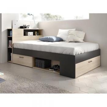 Cama Venta‑Unique 120x190 con Cabecero Compartido y Cajones – Color Natural/Antracita + Somier LEANDRE