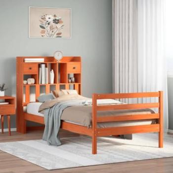 Lit en bois massif de pin 75x190 cm avec bibliothèque, finition cire marron, sans matelas