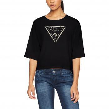 Camiseta Cortada Triangular GUESS, Ropa Deportiva para Mujer, Negro (Jet Black A996), M
