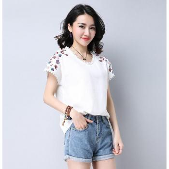 Blusa bordada de algodón para mujer, casual, cuello redondo, verano 0284 40