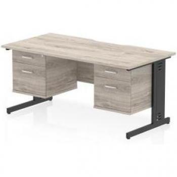 Impulse Scalloped 1600x800mm Desk, Grey Oak Finish, Cable Managed, 2×2 Drawer Pedestal