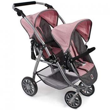 Poussette Tandem Vario pour Poupées Gris-Rose avec Roues Pivotantes