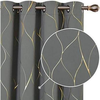 Deconovo Blackout Curtains, Eyelet Curtains, Gold Wave Foil Printed Thermal Insulated Curtains for Boys Bedroom, 46 x 72 Inch, Grey, One Pair