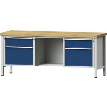 ANKE Werkbank V, Buche massiv, lichtgrau/enzianblau, 2 Schubladen 180 mm, 2 Schubladen 360 mm, Vollauszug