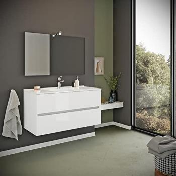 Meuble de Salle de Bain Suspendu 100cm Blanc Brillant avec Lavabo et Miroir