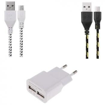 Kit chargeur mural double USB avec câble micro‑USB tressé