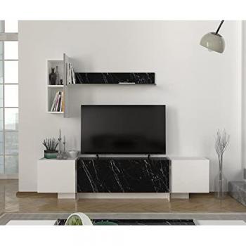 Vitrine Wohnwand Veyron in Weiß und Schwarz mit Marmoroptik, Maße: 180x45x32 cm